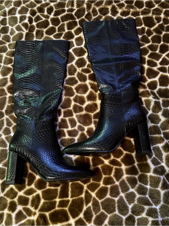 Shoes - Women’s Black Snake-Embossed Block Heel Mid-Calf Boots